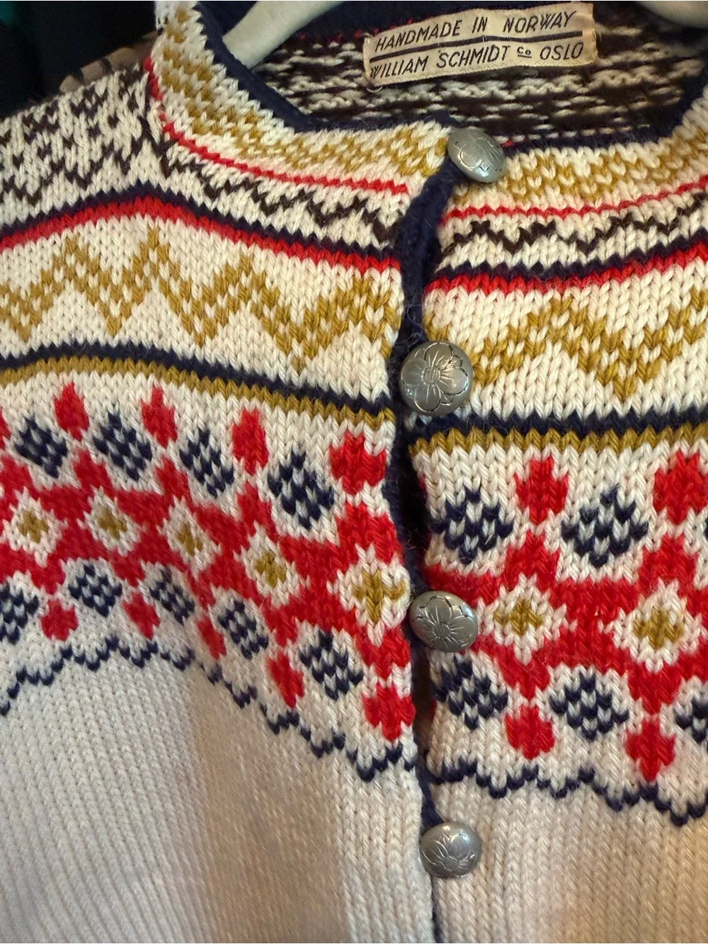 William Schmidt Handmade Norwegian Fair Isle Cardigan in Cream, Navy & Red - Picture 3 of 4